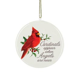 WHITE CERAMIC DISC CARDINAL ORNAMENT