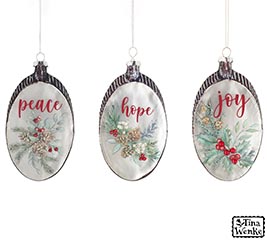 GLASS ORNAMENT PEACE JOY HOPE WOOD LOOK