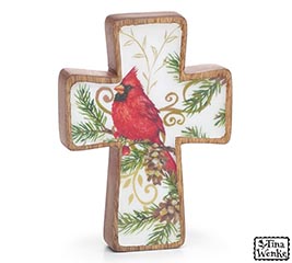 MANGO WOOD CROSS SITTER WITH CARDINAL