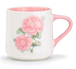 PINK ROSES ON FRONT OF WHITE CERAMIC MUG