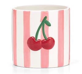 RAISED CHERRIES ON PINK STRIPE PLANTER