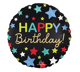 18&quot;PKG HBD SATIN BIRTHDAY STARS ON BLACK