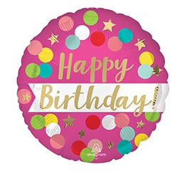 18&quot;PKG HBD SATIN PINK CONFETTI ROUND