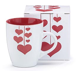 WHITE MUG WITH RED HANGING HEARTS