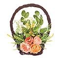 PEACH AND MAUVE FLOWERS IN VINE BASKET