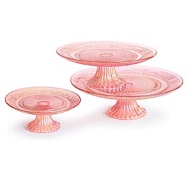 CAKE PEDESTAL ASST IRIDESCENT PINK GLASS