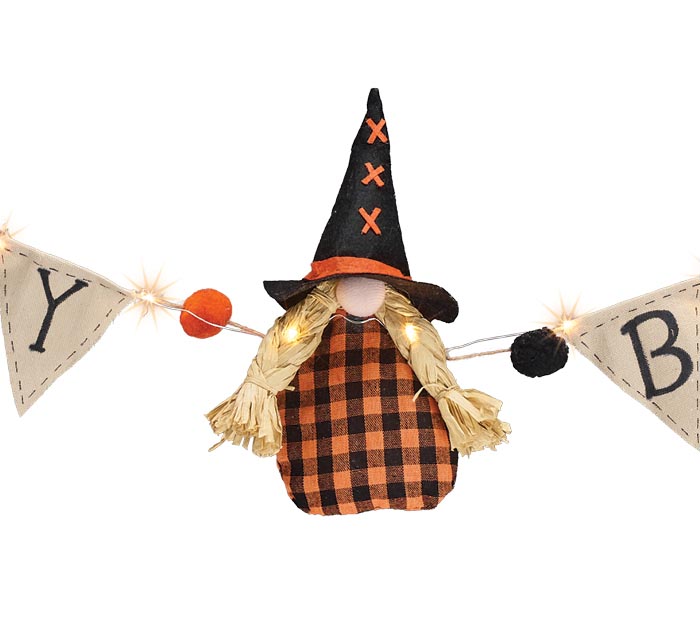 Halloween Gnome Holding Hey Boo Banner