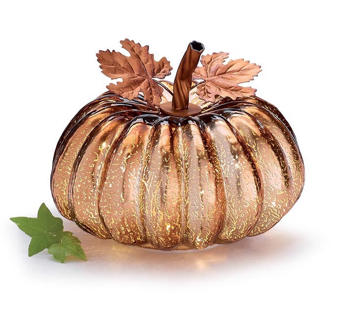 Light Up Glass Pumpkin With Metal Leaves