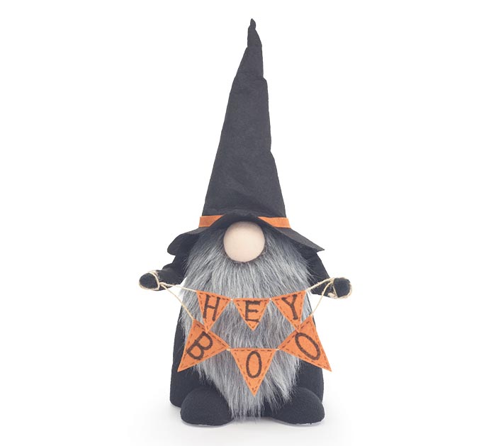 Halloween Gnome Holding Hey Boo Banner