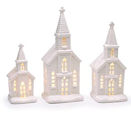 WHITE CERAMIC CHURCH ASTD WITH LIGHTS