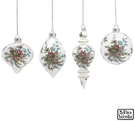 GLASS ORNAMENTS PINECONES HOLLY ASTD