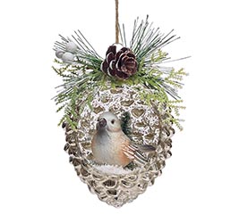 GLASS ORNAMENT BIRD INSIDE PINECONE