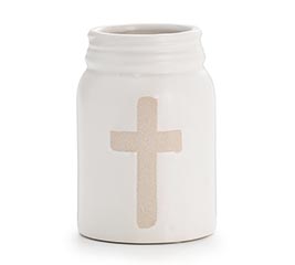 RAW CLAY CROSS ON WHITE MASON JAR VASE