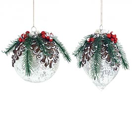 SNOWY PINECONE WITH GREENERY ORNAMENT