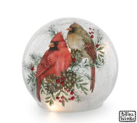 LIGHT UP GLASS GLOBE WITH TWO CARDINALS