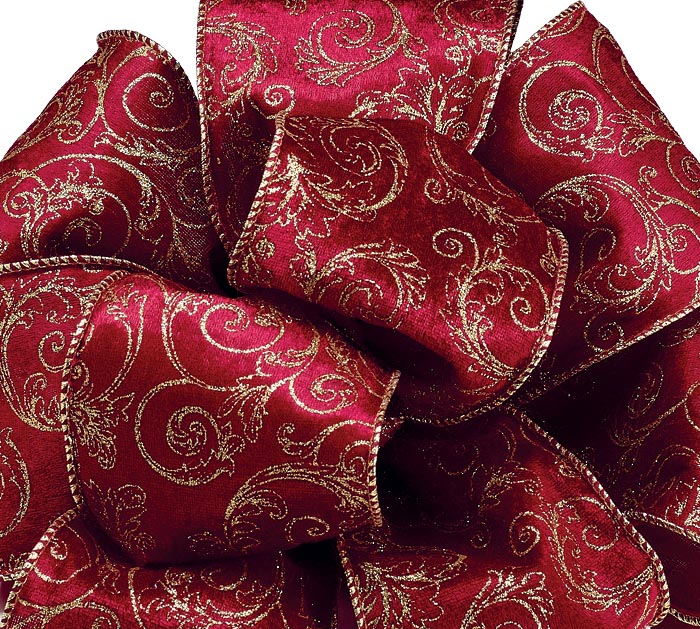 Burton & Burton #100 Red Wired Velvet Ribbon with Gold Edge and Gold Backing. 