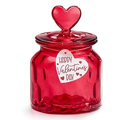 RED GLASS CANDY JAR WITH HEART LID