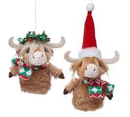 PLUSH ORNAMENT HOLIDAY HIGHLAND COW ASTD