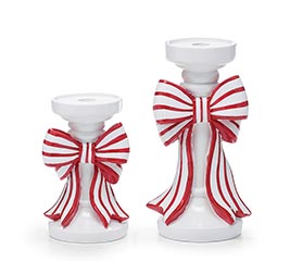 WHITE WITH RED/WHITE BOW CANDLEHOLDER