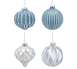 GLASS ORNAMENT ASSORTED BLUE AND SILVER