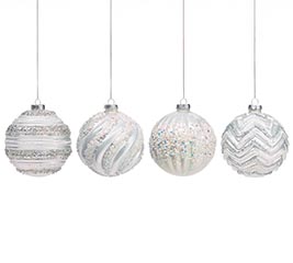 GLASS ORNAMENTS SILVER AND WHITE ASTD