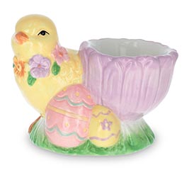 YELLOW CHICK BESIDE FLOWER EGG HOLDER