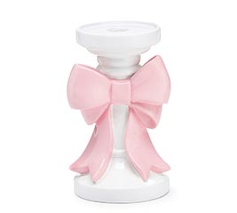 PINK BOW ON WHITE RESIN CANDLEHOLDER