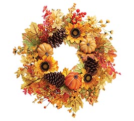 WREATH 22" LEAVES PUMPKINS SUNFLOWERS