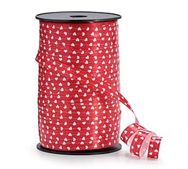 3/8 MINI HEARTS WHITE ON RED CURL RIBBON